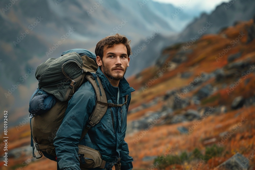 A man with an adventurous spirit embarking on a solo backpacking trip through rugged mountains, his face filled with determination and excitement A man with an adventurous spirit embarking on a solo backpacking trip through rugged mountains, his face filled with determination and excitement