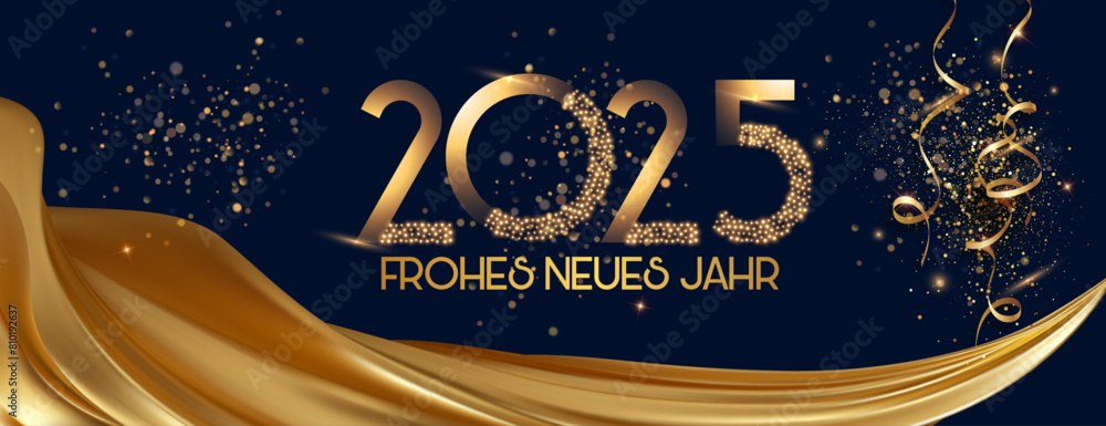 Karte oder Stirnband zum Glückwünschen für das neue Jahr 2025 in Gold mit einem Vorhang aus goldfarbenem Stoff auf schwarzem Hintergrund mit Pailletten und goldenen Luftschlangen