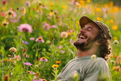 A man laughing joyfully as he enjoys a picnic in a sunlit meadow  surrounded by vibrant wildflowers and lush greenery