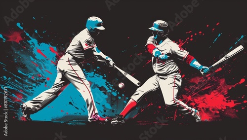 baseball players swinging a bat at a ball with colorful splashes on a black background Generative AI