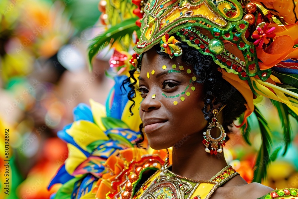 A detailed view of a dancer at the Rio Carnival, dressed in vibrant attire and intricate headpieces, moving gracefully to the music