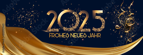 Karte oder Stirnband zum Glückwünschen für das neue Jahr 2025 in Gold mit einem Vorhang aus goldfarbenem Stoff auf schwarzem Hintergrund mit Pailletten und goldenen Luftschlangen photo