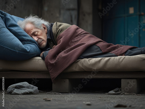 Homeless man sleeping in the old sofa.
