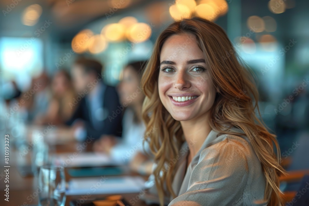 Obraz premium An attractive young businesswoman smiles lightly in a modern conference room setting with peers