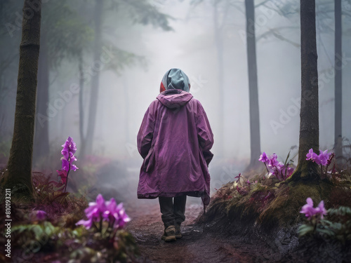 Homeless woman in the foggy forest. photo