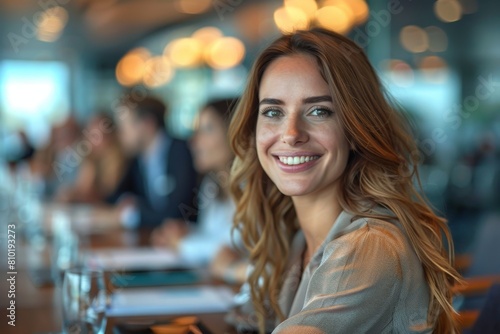An attractive young businesswoman smiles lightly in a modern conference room setting with peers
