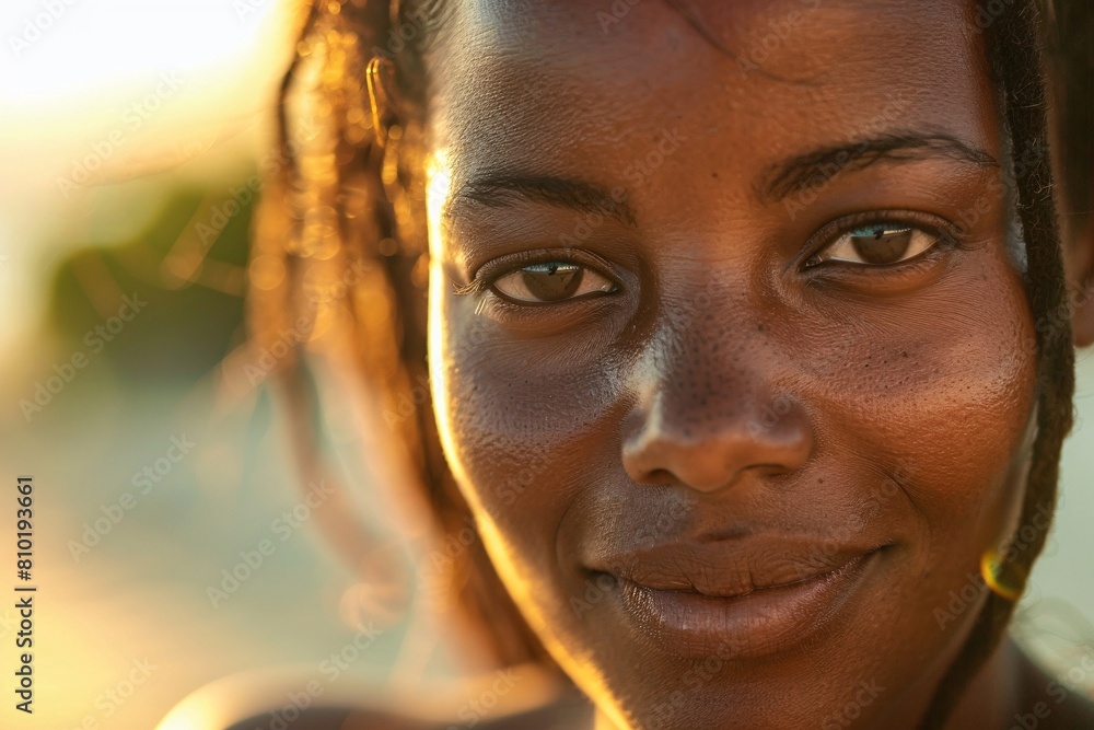A detailed close-up portrait of a woman, her face adorned with a gentle smile, bathed in the soft glow of sunrise, embodying the tranquility of a new day A detailed close-up portrait of a woman, her face adorned with a gentle smile, bathed in the soft glow of sunrise, embodying the tranquility of a new day