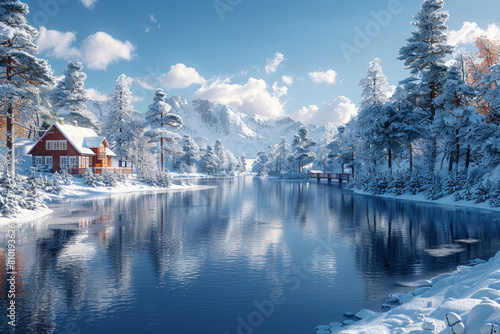 A winter diorama featuring snow-covered landscapes  ice-covered lakes  and frosted trees  evoking the tranquility of a snowy day. Concept of seasonal change. Generative Ai.