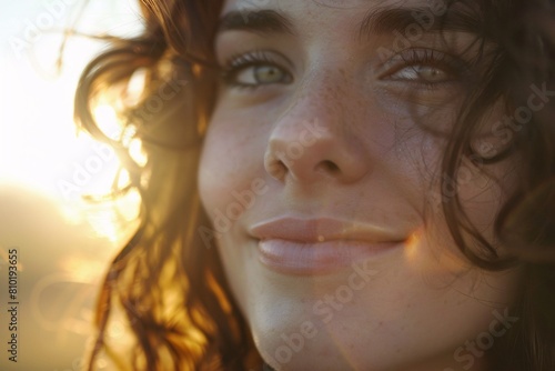 A detailed close-up portrait of a woman  her face adorned with a gentle smile  bathed in the soft glow of sunrise  embodying the tranquility of a new day