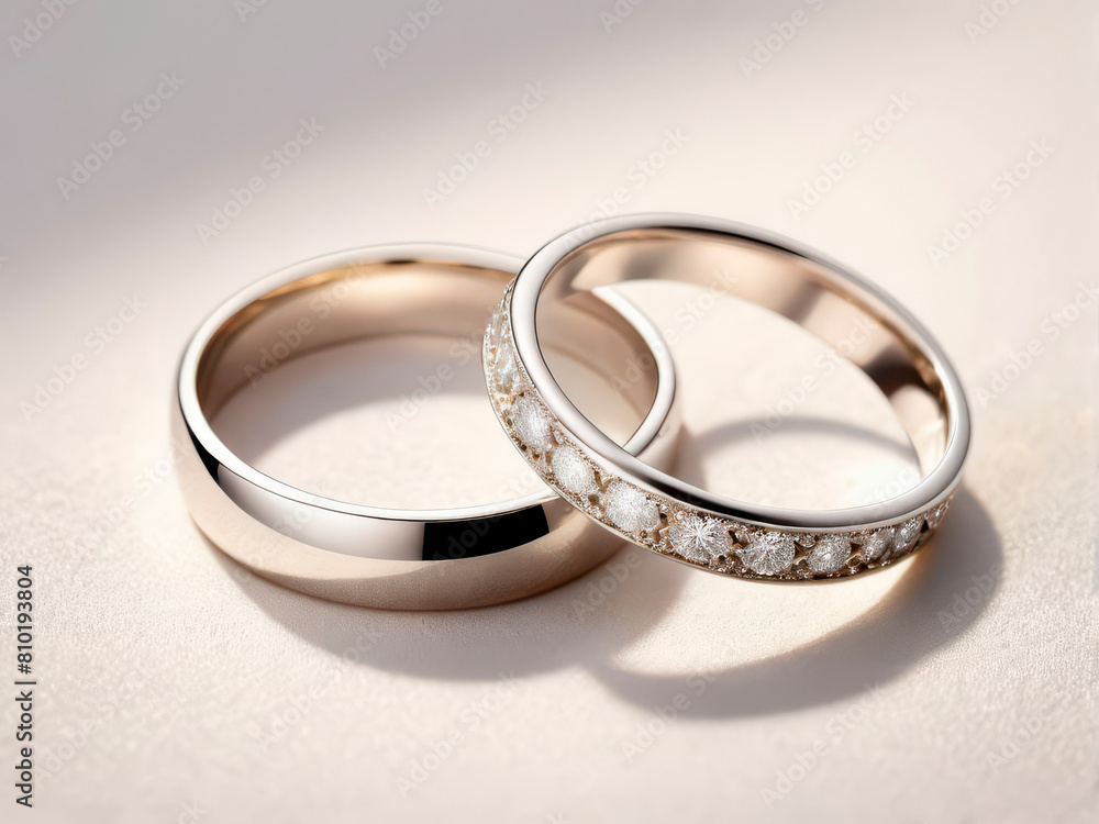 White gold wedding rings on a light background, copy space. Gold engagement rings. Background for wedding rings advertising. Diamond wedding rings for wedding, proposal. Wedding rings banner White gold wedding rings on a light background, copy space. Gold engagement rings. Background for wedding rings advertising. Diamond wedding rings for wedding, proposal. Wedding rings banner