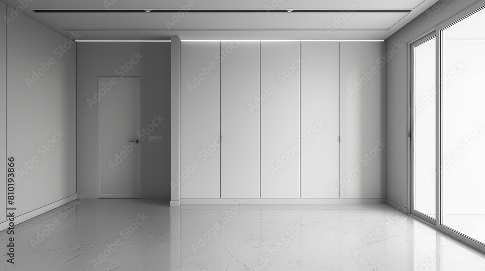 Empty and open closet in a minimalist style room, highlighting the smooth surfaces and geometric simplicity Empty and open closet in a minimalist style room, highlighting the smooth surfaces and geometric simplicity