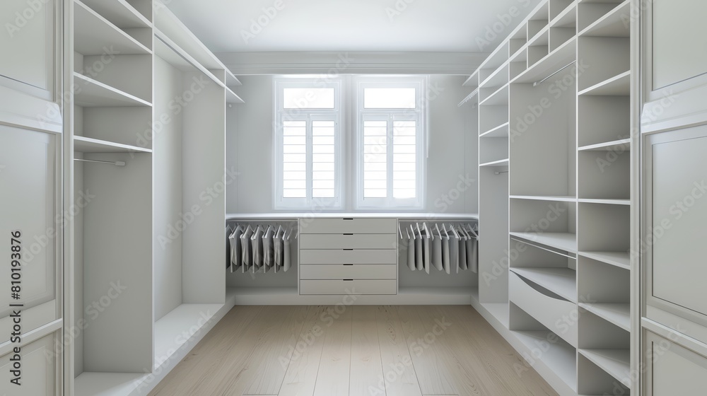 Obraz premium Empty and open closet in a minimalist style room, highlighting the smooth surfaces and geometric simplicity