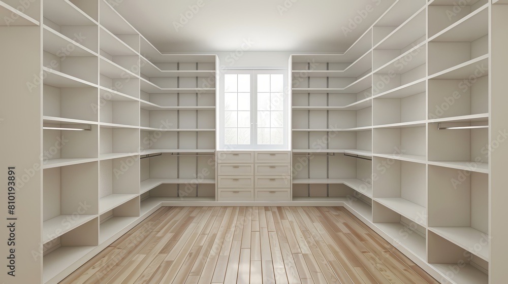 Empty closet space with neatly aligned shelves and compartments, emphasizing the simplicity and orderliness Empty closet space with neatly aligned shelves and compartments, emphasizing the simplicity and orderliness