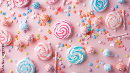 A colorful assortment of lollipops and candy is displayed on a pink background