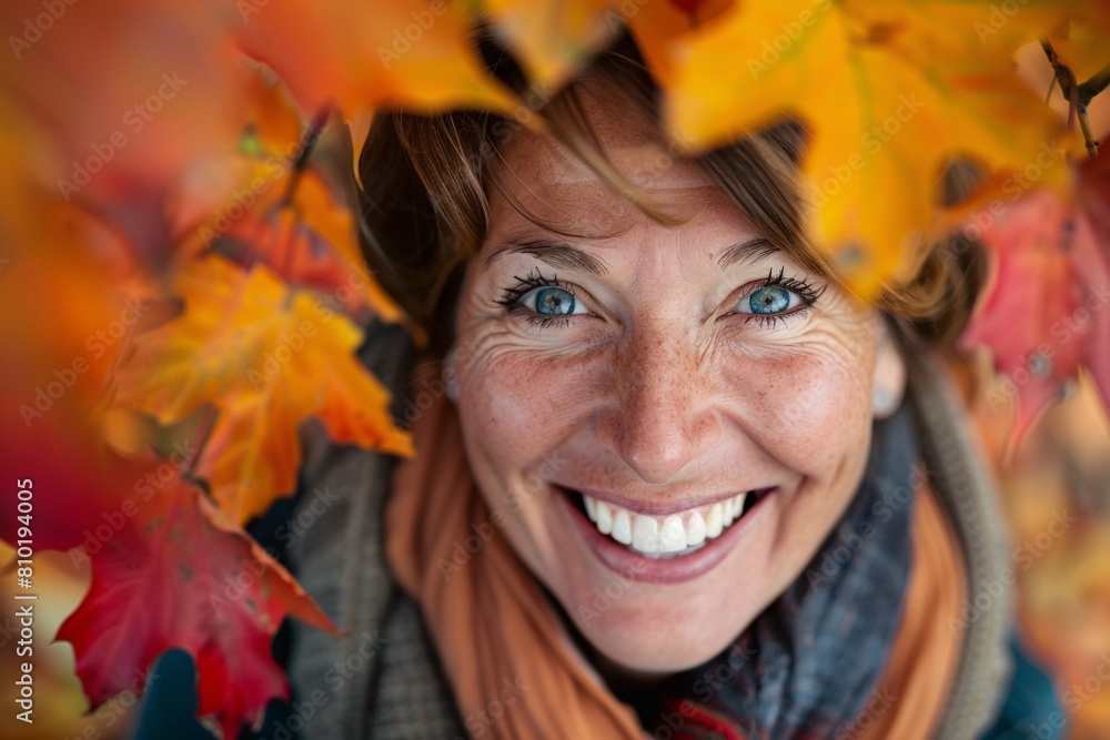 A close-up shot of a woman's face as she laughs joyfully, her eyes sparkling with happiness, with colorful autumn leaves in the background, symbolizing joy and vitality A close-up shot of a woman's face as she laughs joyfully, her eyes sparkling with happiness, with colorful autumn leaves in the background, symbolizing joy and vitality