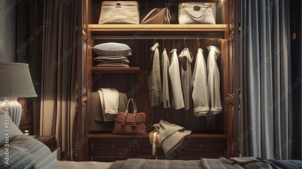High-res portrait showcasing a wardrobe storage area, where neutral-toned fabrics and textures blend harmoniously, captured in a cinematic style High-res portrait showcasing a wardrobe storage area, where neutral-toned fabrics and textures blend harmoniously, captured in a cinematic style