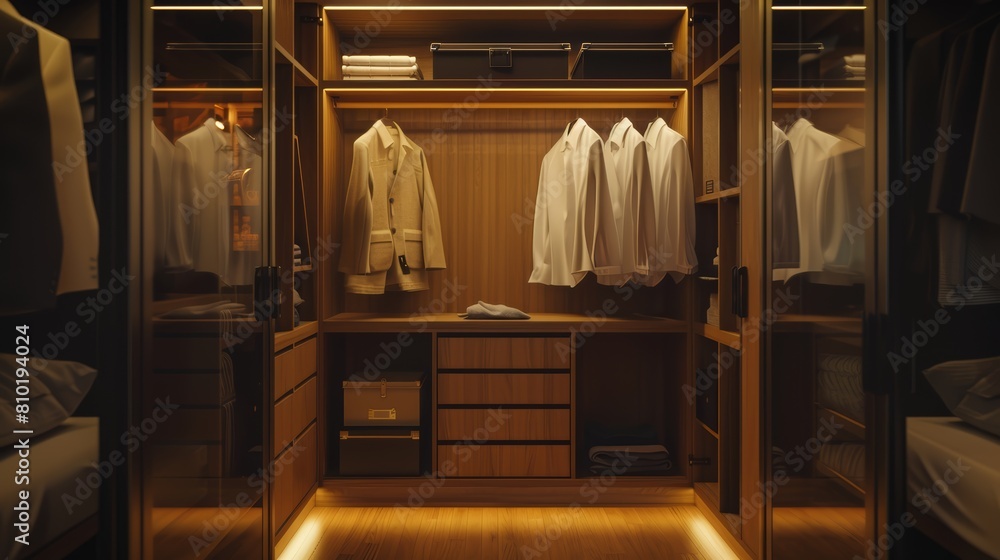 High-res view of a barely furnished closet in a modern setting, captured cinematically to highlight the clean, uncluttered space High-res view of a barely furnished closet in a modern setting, captured cinematically to highlight the clean, uncluttered space
