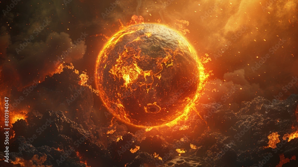 The image shows a planet on fire. The planet is surrounded by flames and looks like it is about to explode. The background is a dark, starry sky. The image shows a planet on fire. The planet is surrounded by flames and looks like it is about to explode. The background is a dark, starry sky.