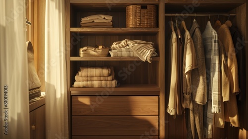 High-res portrait showcasing a wardrobe storage area, where neutral-toned fabrics and textures blend harmoniously, captured in a cinematic style