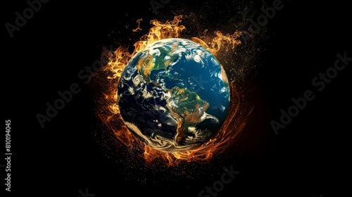 The image shows a planet on fire. The planet is surrounded by flames. The image is a warning about the dangers of climate change.