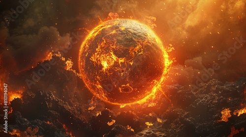 The image shows a planet on fire. The planet is surrounded by flames and looks like it is about to explode. The background is a dark, starry sky.