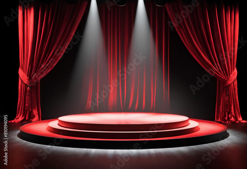 Spotlighted Podium Product Display Red Curtains Set the Stage for Product Presentation