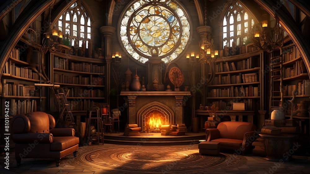 Shape a wizard's library living room with mystical tomes and intricate magical detailing