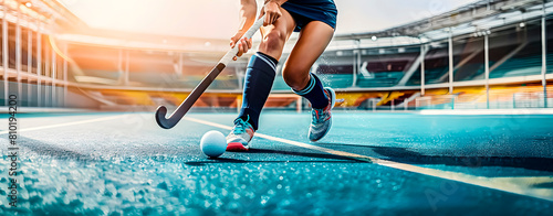 A female field hockey player controlling the ball	
 photo