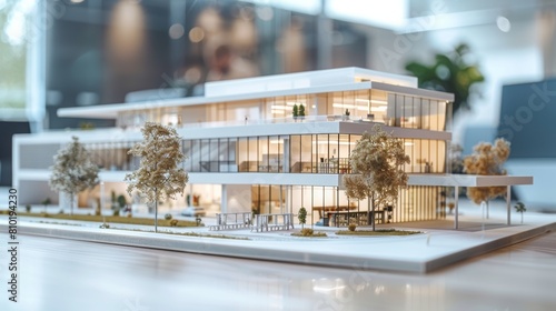 The image shows a scale model of a modern office building. photo