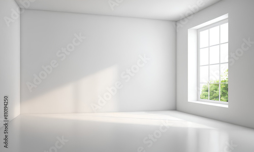 Sunlit Window Shadow in a Minimalistic White Room with a Modern Tree View