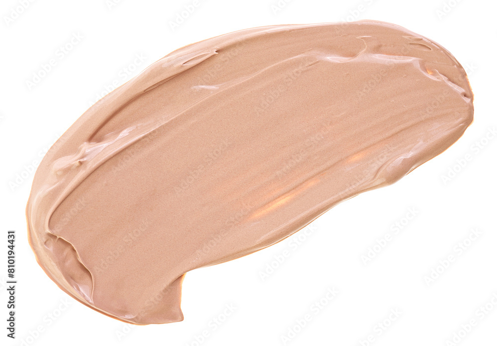 Fototapeta premium Makeup foundation smear smudge swatch isolated on a white background, top view. Cosmetic liquid foundation. Beige color concealer, BB cream sample.
