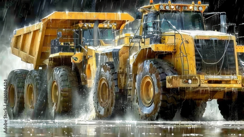 Illustrate the resilience of cranes and forklifts as they continue their work through a severe thunderstorm, their operators undeterred by Illustrate the resilience of cranes and forklifts as they continue their work through a severe thunderstorm, their operators undeterred by
