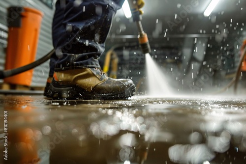 A close-up scene of a person using a Karcher pressure washer to clean a grimy garage floor, water spraying, showcasing efficiency and cleanliness