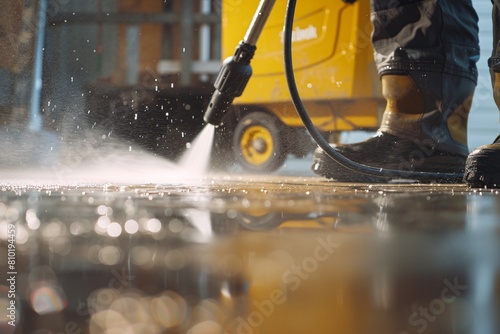 A close-up scene of a person using a Karcher pressure washer to clean a grimy garage floor, water spraying, showcasing efficiency and cleanliness