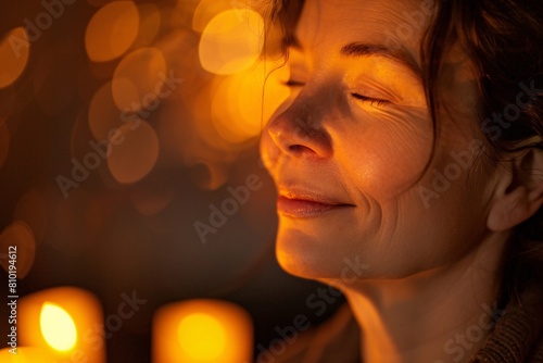 A close-up portrait of a woman, her face illuminated by the warm glow of candlelight, radiating happiness and tranquility in the quietude of the evening
