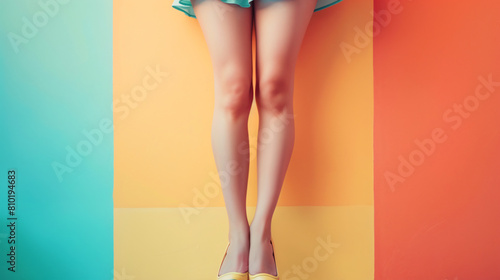 Legs of beautiful young woman on color background