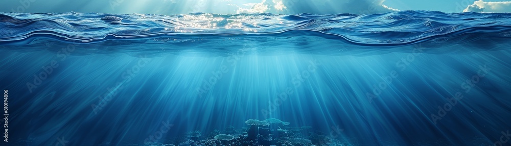 Fototapeta premium Underwater scene with bright sun rays shining through the water surface.