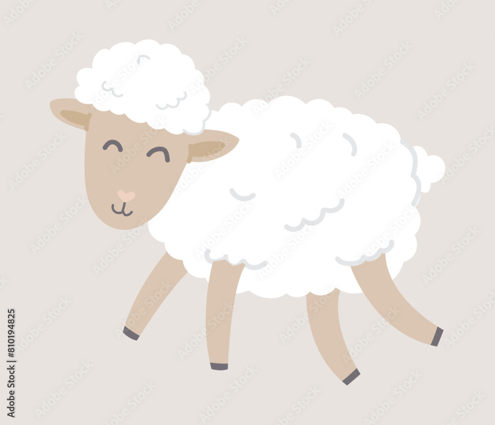 Happy fluffy sheep in flat design. Domestic animal livestock ranch farming. Vector illustration isolated. Happy fluffy sheep in flat design. Domestic animal livestock ranch farming. Vector illustration isolated.