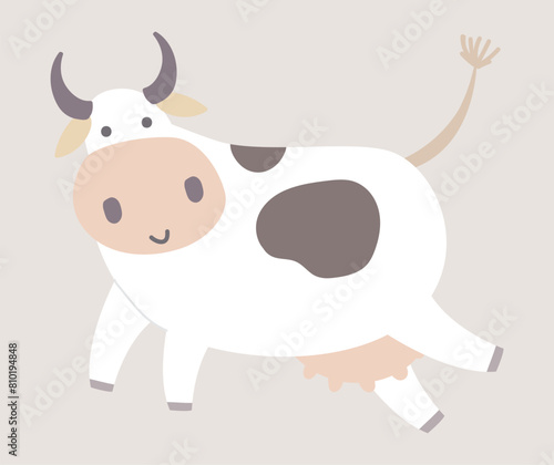 Cute spotted cow with udder in flat design. Domestic animal livestock farm. Vector illustration isolated.