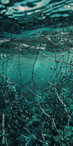 An underwater scene shows a tangled fishing net amidst the serene blue hues of the ocean