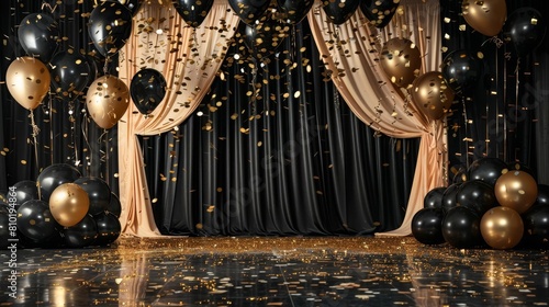 glamorous black stage with golden curtains balloon frames and confetti for birthday celebration