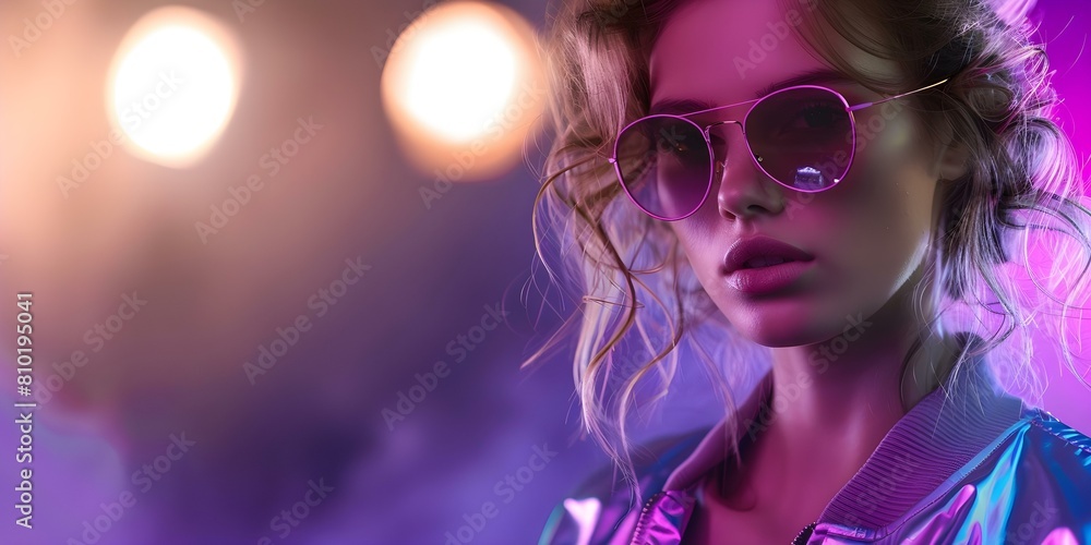 Stylish female DJ in retro neon jacket and sunglasses with an s/s vibe. Concept Fashion, Female DJ, Retro Style, Neon Jacket, Sunglasses, Summer Vibe