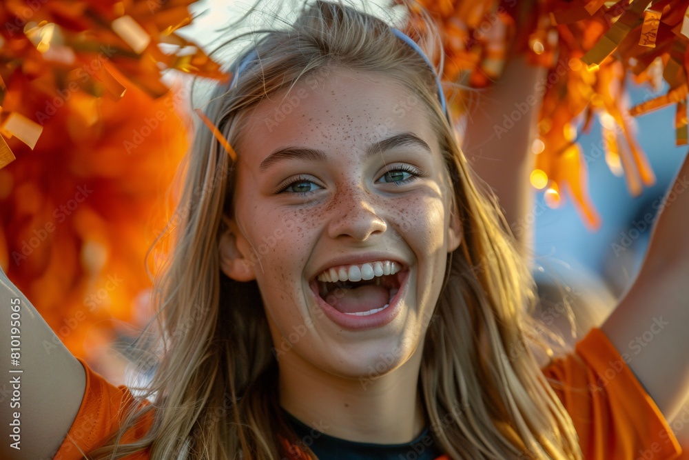 A close-up image capturing the dynamic spirit of a Pom-pom girl cheering enthusiastically A close-up image capturing the dynamic spirit of a Pom-pom girl cheering enthusiastically