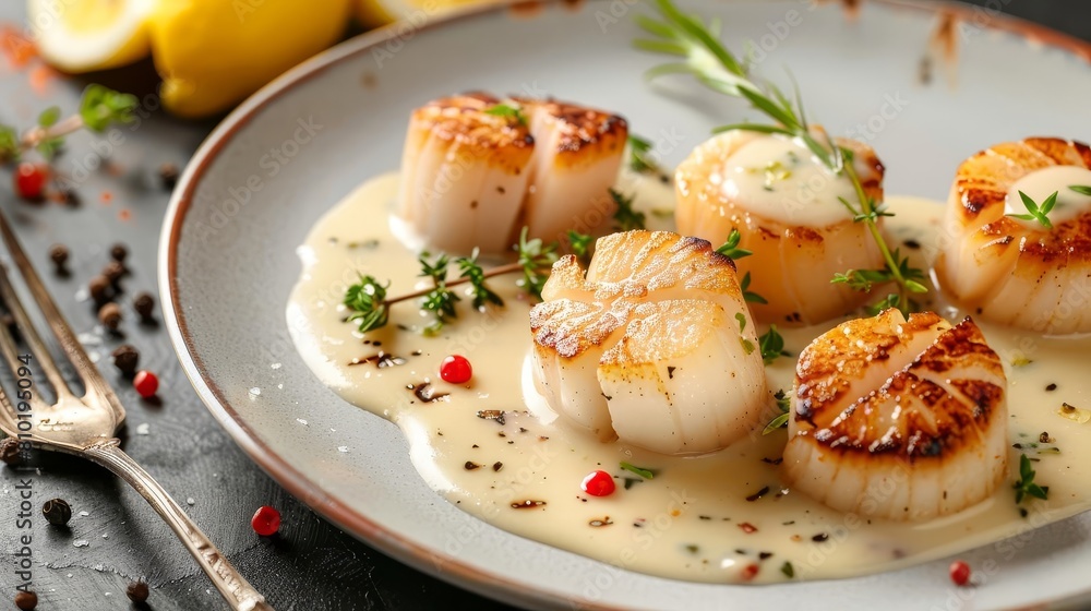 gourmet seafood dish with grilled scallops in creamy lemon butter sauce fine dining poster