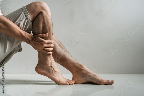 Close-up of legs in shorts, hand holding calf, hinting discomfort or injury. photo