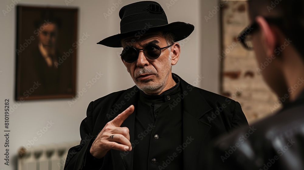 portrait of man with black hat, with various expressions, focal points and backgrounds.