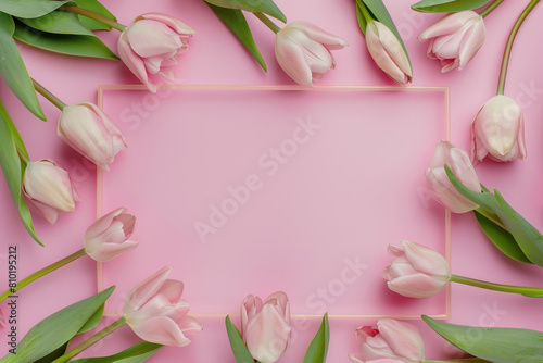 soft pink tulips surrounding a neon frame on matching background