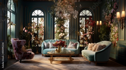 Shape an enchanted garden living room with floral wallpaper and botanical-inspired furniture