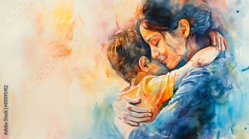heartwarming watercolor painting of mother and son embracing with love