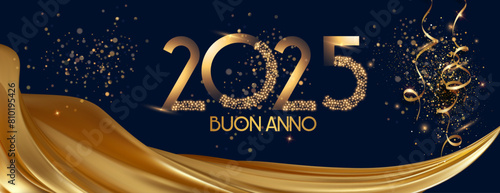 bigliettino o cerchietto per augurare un felice anno nuovo 2025 in oro con drappeggio di tessuto color oro su sfondo nero con paillettes e stelle filanti dorate photo